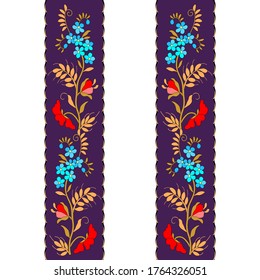 Continuous ornament of red poppies, blue forget-me-nots, yellow wheat, stylized, hand drawn, for embroidery of folk costume,for a belt or ribbon, for decoration of wedding invitations and cards