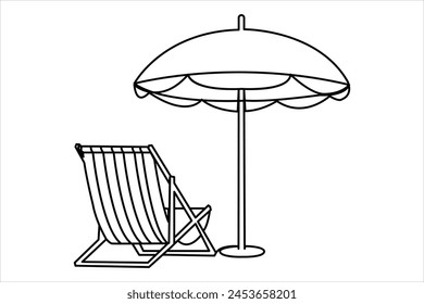 Dibujo continuo del arte de la línea de la sombrilla y de la silla de la playa para la Ilustración vectorial al aire libre de las vacaciones de verano.