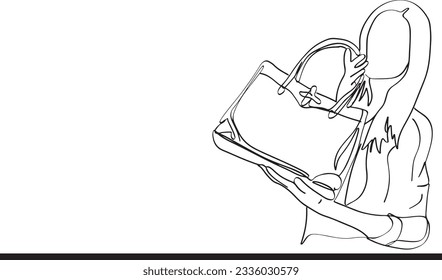 Continuous Outline Cartoon: Fashion Women Model with Leather Bag, Dynamic Fashion Illustration: Women Model Holding Handbag, Trendy Handbag Fashion, One-Line Fashion Art