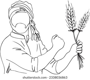 A Continuous Outline Cartoon of a Young Indian Farmer Celebrating Agricultural Success, Nature's Bounty: A Sketch of a Proud Indian Farmer with the Finest Wheat Crop