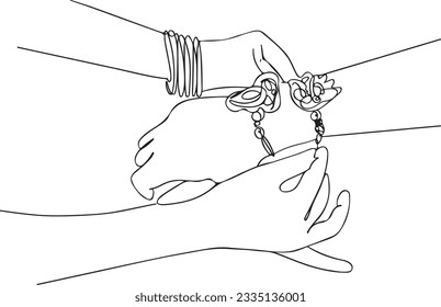 Continuous Outline Drawing of Indian Rakhi Festival: Sister Tying Rakhi to Brother, Sister Binding Rakhi to Her Brother in Continuous Outline