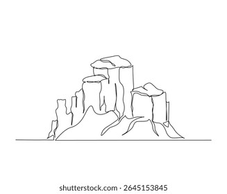 Continuous outline drawing of rocky mountain. Mountain landscape line art illustration.