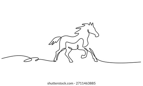 Dibujo de contorno continuo de un caballo corredor, Ilustración vectorial simple de un solo golpe, símbolo de movimiento y movimiento rápido.