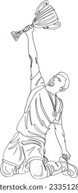 Continuous Outline Drawing of Sportsman Celebrating Victory with Trophy and Medals, Victorious Sportsman Outline Drawing, 