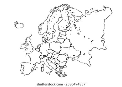 Esquema continuo de un mapa de Europa. Esquema del mapa del mundo, ilustración de doodle lineal. bosquejo para colorear