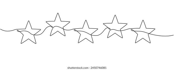 Un contorno continuo de cinco estrellas. Icono de 5 estrellas editable de una sola línea. Concepto de servicio de calificación y opiniones de Clientes. Separador de Navidades. Dibujo de Vector minimalista.