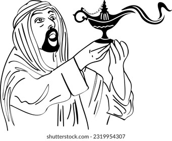Continuous Outline Illustration of an Arab Man Delighted by the Aladdin Genie Lamp, Wishful Moments, Captivating Genie, Mystical Wonders