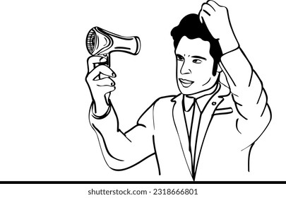 kontinuierliche Outline-Illustration eines Mannes, der sein Haar mit einem Haartrockner, Haarpflegeroutine, einem Neuanfang, einem Menschen trocknet sein Haar 