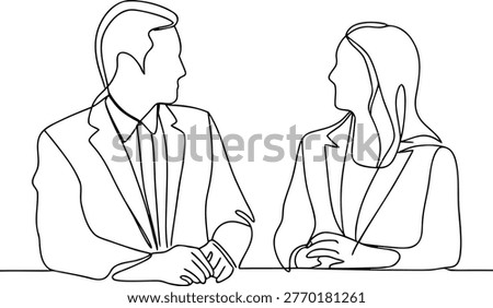 Continuous outline of interview scene. corporate communication sketch. business meeting between two professionals.