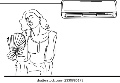 continuous outline sketch drawing vector illustration of Woman Suffering from Heat with Broken Air Conditioner, Sweltering Summer Heat, Heat Discomfort at Home, Dealing with Broken Cooling System
