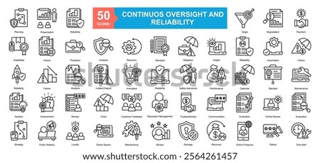 Continuous Oversight And Reliability Icon Sheet Planning, Availability, Strategy, Presentation, Reliability, Payment, Failure, Maintenance, Evaluation, Time Alert, Target, Degradation, Failure