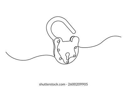 Continuous padlock one line drawing, padlock security sign symbol vector illustration.