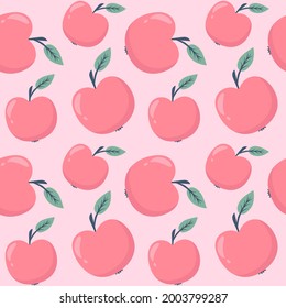 Continuous pattern with apples, vector. Seamless background with fruits. Delicate pattern with apples on a pink background. Wallpaper or packaging, hand drawing.