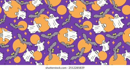 Continuous pattern. Halloween holiday. Bat, moon, stars, scary ghost. Hand drawn icons, doodles. Seamless background.