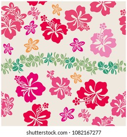 Continuous pattern of hibiscus, seamless design, summer image, aloha, vector data