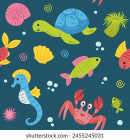 Continuous pattern of sea life. Sea creatures. Jellyfish, fish, seahorse, crab, shells. Vector doodle cartoon illustration of sea life objects for textile