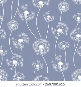 continuous pattern showcases soft dandelion shapes with seeds gently floating on a dark backdrop, offering a striking and elegant design ideal for fabrics, wall coverings, various artistic endeavors.