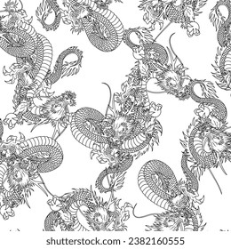 Continuous pattern sketch with Japanese dragon,