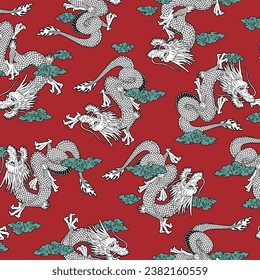 Esbozo continuo de patrones con dragón japonés,