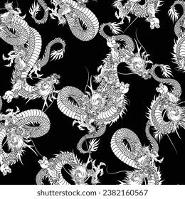 Continuous pattern sketch with Japanese dragon,