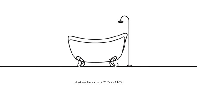 Continuous pattern style bathtub. Bath minimalist black linear design. Vector illustration