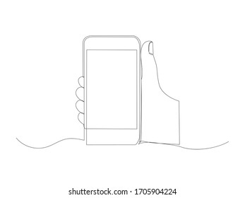 Imagen vectorial de línea de mano de teléfono continua aislada en fondo blanco. Teléfono inteligente en el brazo una línea.