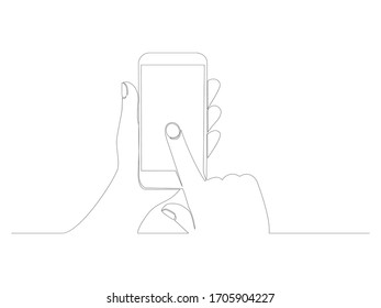 Continuous phone in hand line vector illustration isolated on white background. Smartphone in arm one line.