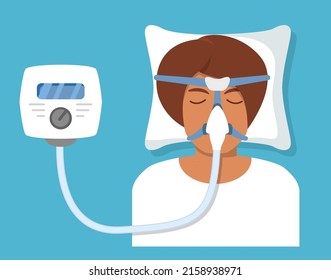 Continuous Positive Airway Pressure.Obstructive Sleep Apnea.Man Lying On Bed.Cpap Mask.Patient In Hospital Cpap Therapy.mask Fitted Over A Head. The Guy With The Oxygen Mask Fitted Over A Head.