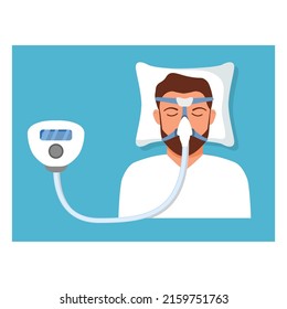 Continuous Positive Airway Pressure.Obstructive Sleep Apnea.Man Lying On Bed.Cpap Mask.Patient In Hospital Cpap Therapy.mask Fitted Over A Head. The Guy With The Oxygen Mask Fitted Over A Head.