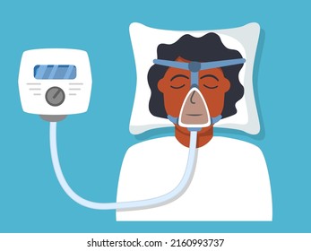 Continuous Positive Airway Pressure.Obstructive Sleep Apnea.African American Man Lying On Bed.Cpap Mask.Patient In Hospital Cpap Therapy.mask Fitted Over A Head. The Guy With The Oxygen Mask Fitted Ov