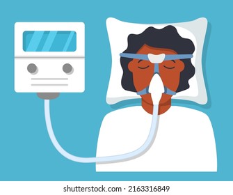 Continuous Positive Airway Pressure.Obstructive Sleep Apnea.African American Man Lying On Bed.Cpap Mask.Patient In Hospital Cpap Therapy.mask Fitted Over A Head. The Guy With The Oxygen Mask Fitted Ov