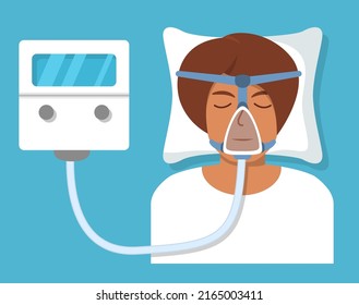 Continuous Positive Airway Pressure.Obstructive Sleep Apnea.Man Lying On Bed.Cpap Mask.Patient In Hospital Cpap Therapy.mask Fitted Over A Head. The Guy With The Oxygen Mask Fitted Over A Head.