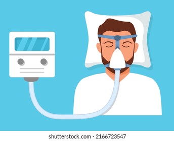 Continuous Positive Airway Pressure.Obstructive Sleep Apnea. Man Lying On Bed.Cpap Mask.Patient In Hospital Cpap Therapy.mask Fitted Over A Head. The Guy With The Oxygen Mask Fitted Ov