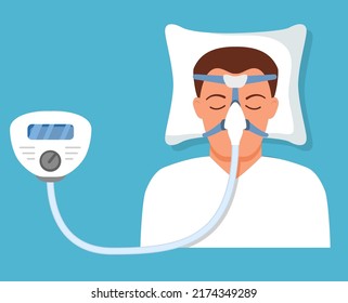 Continuous Positive Airway Pressure.Obstructive Sleep Apnea. Man Lying On Bed.Cpap Mask.Patient In Hospital Cpap Therapy.mask Fitted Over A Head. The Guy With The Oxygen Mask Fitted Ov