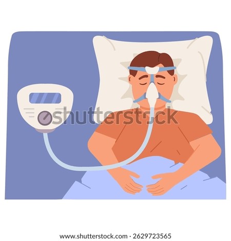 Continuous positive airway pressure.Obstructive sleep apnea.Man lying on bed.Cpap mask.Patient in hospital cpap therapy.mask fitted over a head. The guy with the oxygen mask fitted over a head.