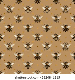 The continuous printed fabric pattern, with a theme of bees and flowers, evokes a warm, classic, and natural feeling. The background uses a light brown with a golden tint.