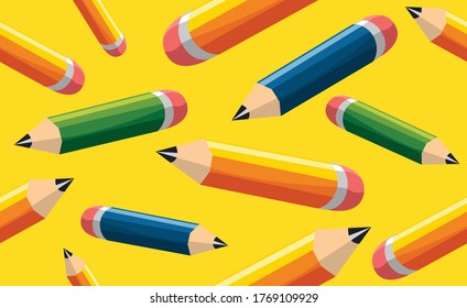 Continuous printing of colored pencils on the back to the school theme on yellow background. First day of school, vector pattern illustration.