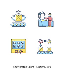Continuous production flow RGB color icons set. Employees training, custom manufacturing and product testing. Industrial processes. Isolated vector illustrations