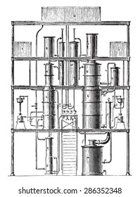 Flegm Purificador continuo (primera unidad), ilustración vintage grabada. Enciclopedia industrial E.-O. Lami - 1875.
