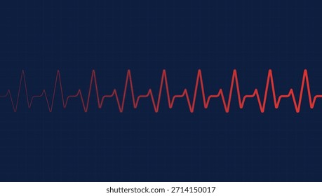 Forma de onda continua de latidos cardíacos rojos sobre fondo de cuadrícula azul oscuro, que representa el ritmo cardíaco, el monitoreo de la salud, el análisis de datos médicos y el seguimiento de señales vitales.