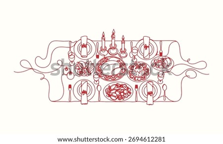 Continuous red line drawing of a festive dinner table setting, featuring a turkey and various dishes, candles, plates, and cutlery.