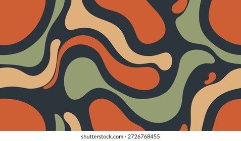 Um plano de fundo contínuo e repetitivo com redemoinhos, formas orgânicas, líquidas e linhas em um estilo retro plano e moderno dos anos 1970, usando uma paleta de cores de azul escuro, laranja queimado, bege e verde sábio.
