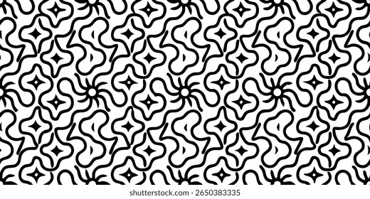A continuous, repeating pattern featuring bold black organic curves interwoven with stylized star and diamond shapes on a clean white background.