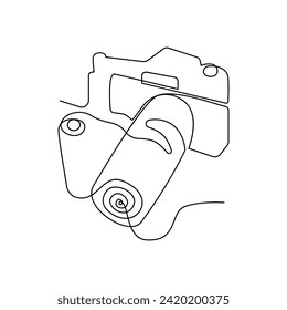 Continuous retro photo camera one-line vector art and outline DSLR mood HD camera illustration art
