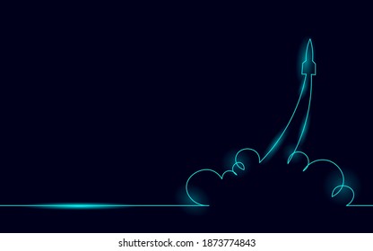 Continuous rocket one line silhouette. Hand drawing sketch spaceship creative idea concept. Dark neon glowing launch shuttle technology vector illustration