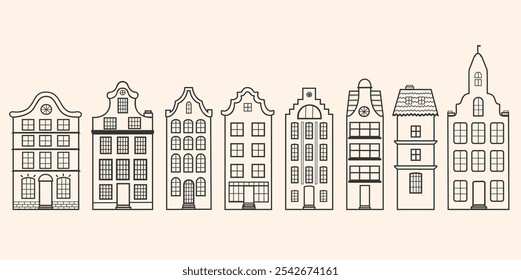 A continuous row of Danish houses, buildings set against a white background