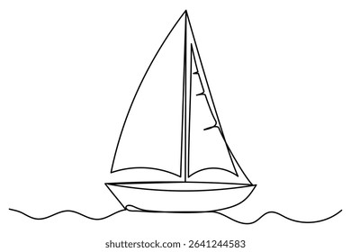 Continuous sailboat one line drawing and boat icon simple outline vector illustration.