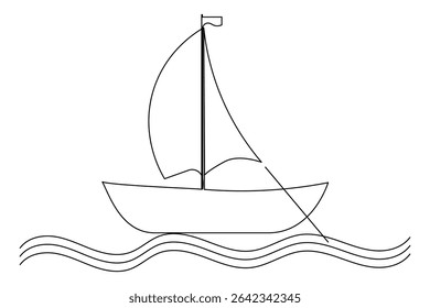 Continuous sailboat one line drawing and boat icon simple outline vector illustration.
