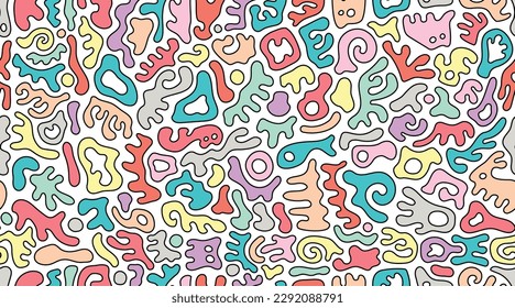Continuous Seamless Colorful Abstract Gummy Shaped Doodle Pattern in Soft Pastel Tones