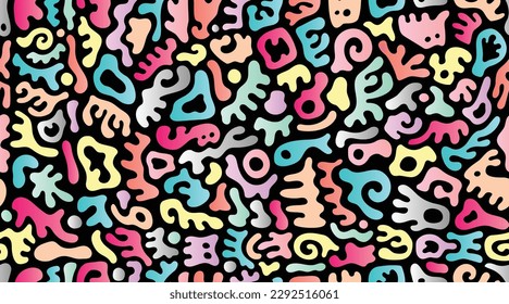 Continuous Seamless Colorful Abstract Gummy Shaped Doodle Pattern in Soft Pastel Tones, Black Background